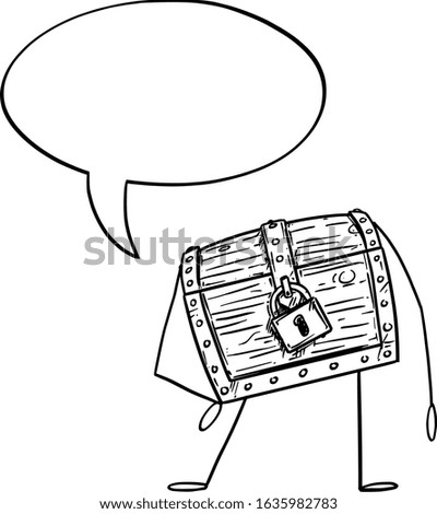 Vector illustration of cartoon locked treasure pirate chest character with speech bubble. Economy or financial advertisement or marketing design.