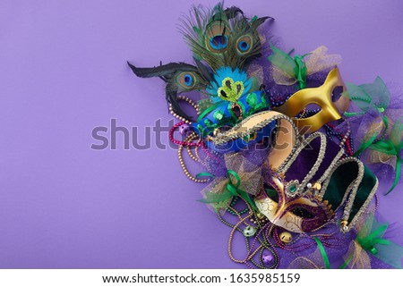 Mardi gras, venetian or carnivale mask on a purple background with copy space for text.