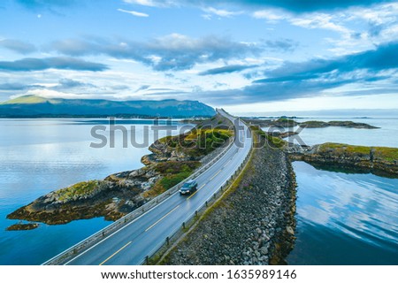 Aerial summer view of scenic Atlantic Ocean Road (Atlanterhavsveien)  in Norway Royalty-Free Stock Photo #1635989146