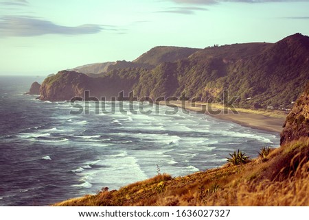View of North Piha beach from neighboring hill on windy day 