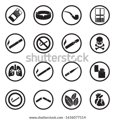 Smoking Icons. Black Flat Design In Circle. Vector Illustration.