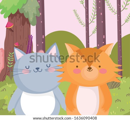 little cat and fox cartoon character forest foliage nature landscape vector illustration