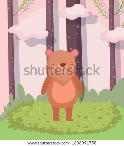cute bear animal cartoon character forest foliage nature landscape vector illustration
