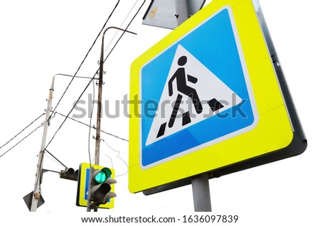 Urban road infrastructure: sign, pole, crosswalk, electric wires and green traffic light. Isolated on a white background. 3D.