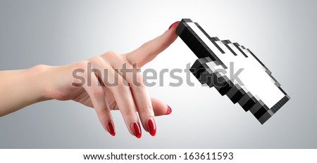 Woman's hand touch cursor computer mouse. File contains a path to isolation.