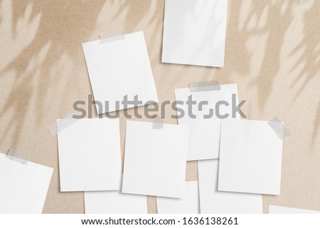 Moodboard template composition with blank photo cards, torn paper, square frames glued with adhesive tape on light coffee color background as template for graphic designers presentations, portfolios
