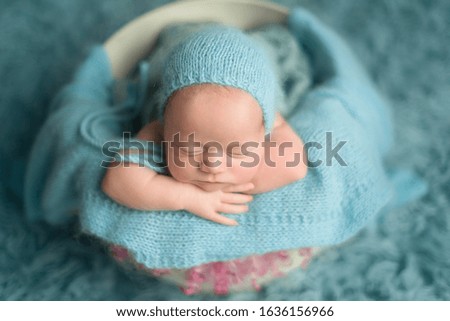 first photo session. a newborn baby in a barrel. little girl in a blue hat