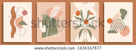 Collection of contemporary art posters in pastel colors. Abstract paper cut geometric elements and strokes, leaves and dots. Great deisgn for social media, postcards, print.  Royalty-Free Stock Photo #1636167877