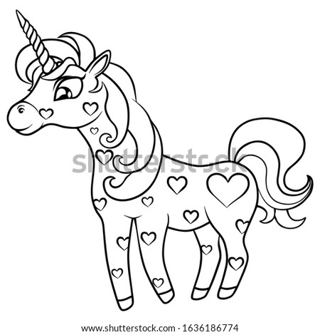 Cute magical unicorn. Vector design isolated on white background. Romantic hand drawing illustration for children. Coloring picture.