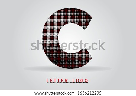 C letter with tartan pattern vector illustration. Textile fabric letter for logo, label, card, print, brochure, flyer, textile business title, sewing concept, clothing store or web page design.