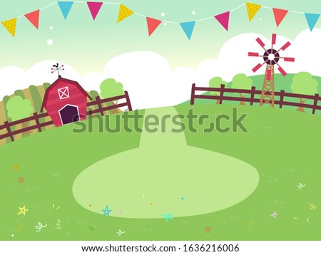 Background Illustration of a Farm Party Theme with a Barn, Fence, Windmill and Bunting