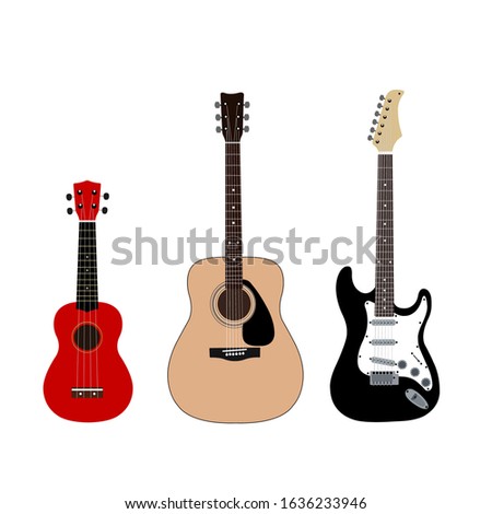 A set of guitars. Acoustic guitar, electric guitar and ukulele. Stringed musical instruments on a white background. Flat style