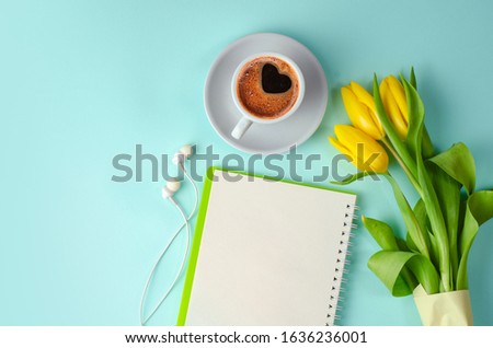 Morning coffee with tulips flowers. Spring concept. 