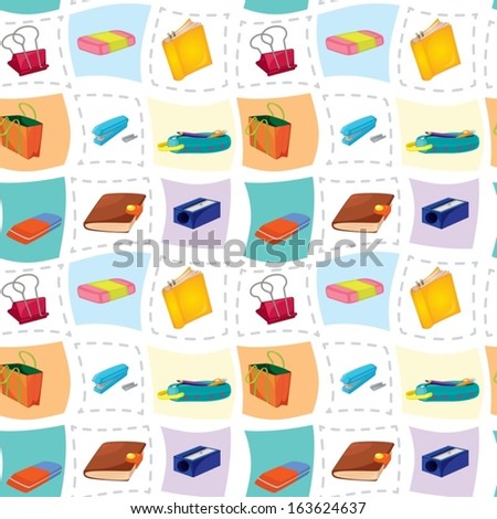 Illustration of the seamless design with the different school and office supplies on a white background