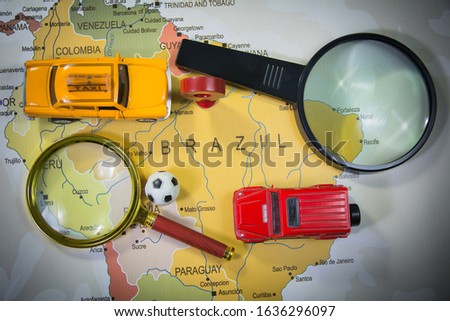 Brazil map with travel and discover elements top shot miniature photo football magnify glass travel vehicle
