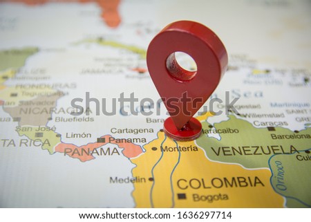 Colombia Monteria city in focus on Colombia map with a location GPS icon tag 