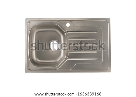 Empty stainless kitchen sink, isolated on a perfect white background, top view,  stock photography