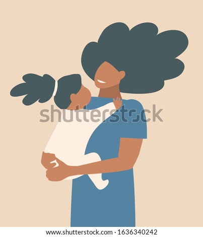 Motherhood portrait lovely happy woman with her kid smiling, holding child. African American mother hugging her child portrait. Flat modern earth tones illustration design.