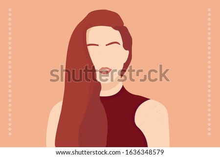 Flat vector illustration of a pretty/beautiful red head woman. long hair. stylish clothes. lips and eye brows. 
minimal cartoon