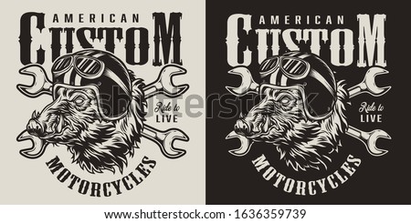 Vintage custom motorcycle monochrome label with crossed spanners and angry wild boar head in moto helmet isolated vector illustration