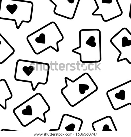 Geometric seamless pattern with black speech clouds and hearts isolated on white background for card, invitation, album, sketch book, scrapbook, holiday wrapping paper, textile fabric, garment etc.