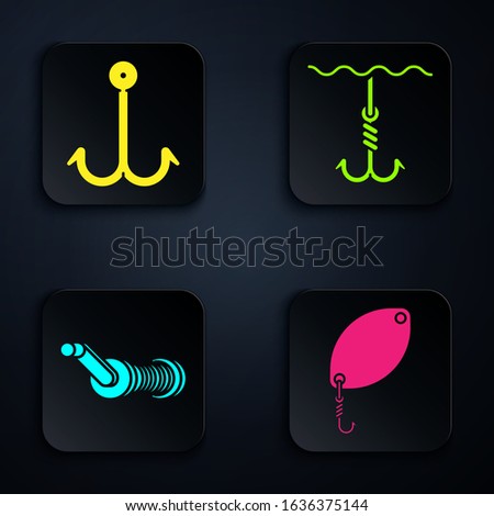 Set Fishing spoon, Fishing hook, Spinning reel for fishing and Fishing hook under water. Black square button. Vector