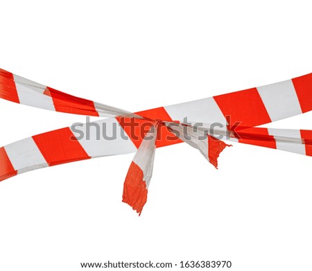 Crisscrossed red and white striped danger tape with a knot on a white background   