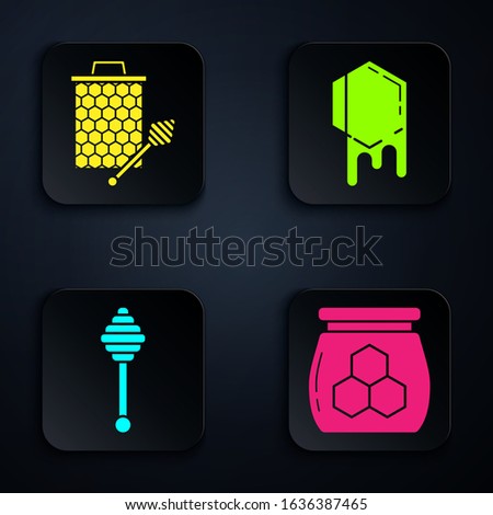 Set Jar of honey, Honeycomb with honey dipper stickicon, Honey dipper stick and Honeycomb. Black square button. Vector
