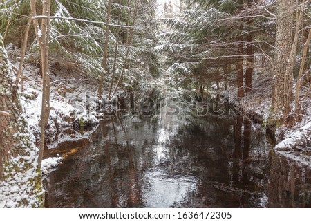 winter landscape river flowing along a snowy forest. Sweden, long shutter speed.