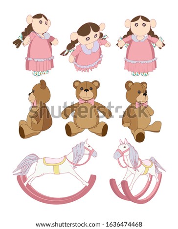 Vector Isolated Teddy Bear, Fabric Doll  And Rideing Horse Toys Illustration Set