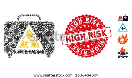 Fever mosaic dangerous luggage icon and round distressed stamp watermark with High Risk phrase. Mosaic vector is formed with dangerous luggage icon and with randomized bacteria icons.