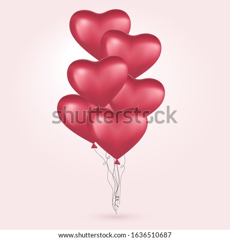 Red hearts, flying bunch of red balloons. Happy Valentines Day, Party decorations. Vector