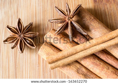 Macro picture of cinnamon with star anise from top.