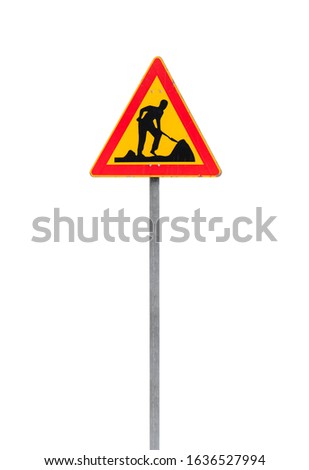 Roadworks, under construction, men at works. Road sign on a metal pole isolated on white, vertical photo