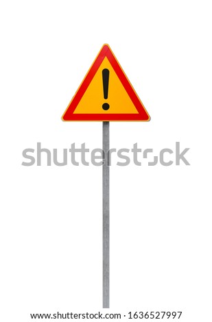 Warning road sign with exclamation mark on a metal pole isolated on white, vertical photo