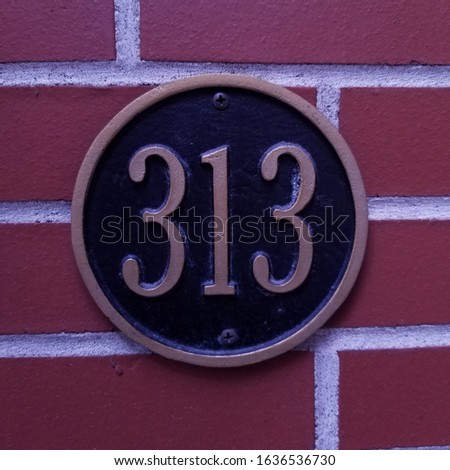 Building Number Plate with the number 313 - Black and Brass coloring