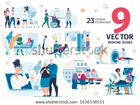 Medical Help, Hospital or Clinic Services for Families, Pregnant Women, Senior People Trendy Flat Vector Scenes, Concepts Set. Family Doctor Appointment, MRI and Ultrasonic Screening Illustrations