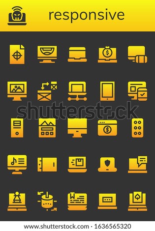responsive icon set. 26 filled responsive icons. Included Printing test, Laptop, Computer, Responsive, Web design, Tablet, Landing page, 3d modeling icons