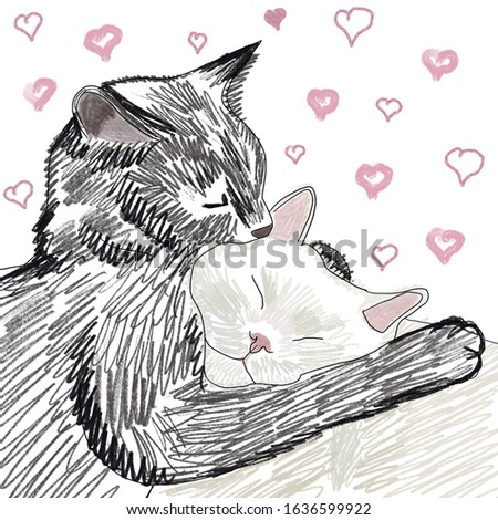 Cats in love cuddle illustration. cat tenderness feelings sketch. Valentine’s Day postcard, texture poster kitten 