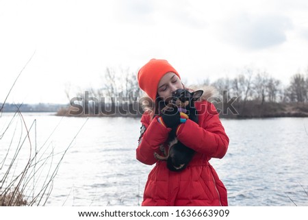 Small chihuahua dog is heated under the mistress's jacket. Closeup shot. Girl in a winter jacket and chihuahua. Girl 9 years old in a winter jacket on a background of a river with a dog. A pet