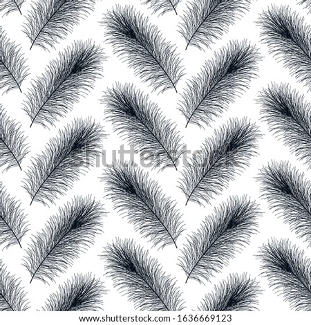 Elegant black feathers on a white background. Seamless vector illustration.  Black and white texture for wrapping paper, web, wallpaper, textile, scrapbooking, print etc. Creative feathers background.