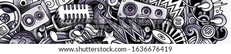 Disco Music hand drawn doodle banner. Cartoon detailed flyer. Musical identity with objects and symbols. Monochrome vector design elements background