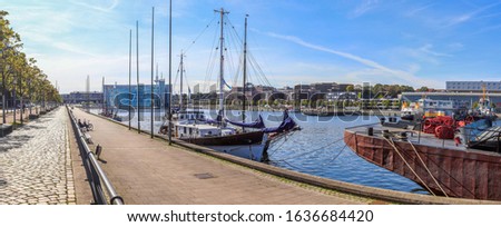 High resolution panorama of the port of Kiel on a sunny day Royalty-Free Stock Photo #1636684420