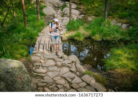 Tourists walk along the path to the mountains.  stone footpaths for tourists. bridge on the way to the Pulpit Rock, Norway. 