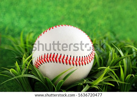 Baseball laying on grass with room for text that can be used to promote your sports or softball league 