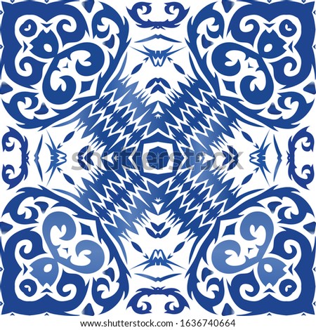 Ceramic tiles azulejo portugal. Vector seamless pattern template. Colored design. Blue ethnic background for T-shirts, scrapbooking, linens, smartphone cases or bags.