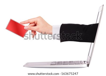 Businessman's hand holding business card with laptop isolated on white background