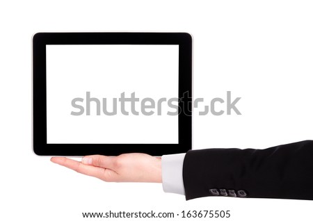 Touch screen tablet computer with blank screen and Businessman hand isolated