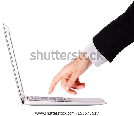 laptop with Businessman hand isolated on white background