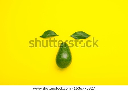 Creative face made of avocado and green leaves. Minimal style summer fruit flat lay avocado on yellow color background.